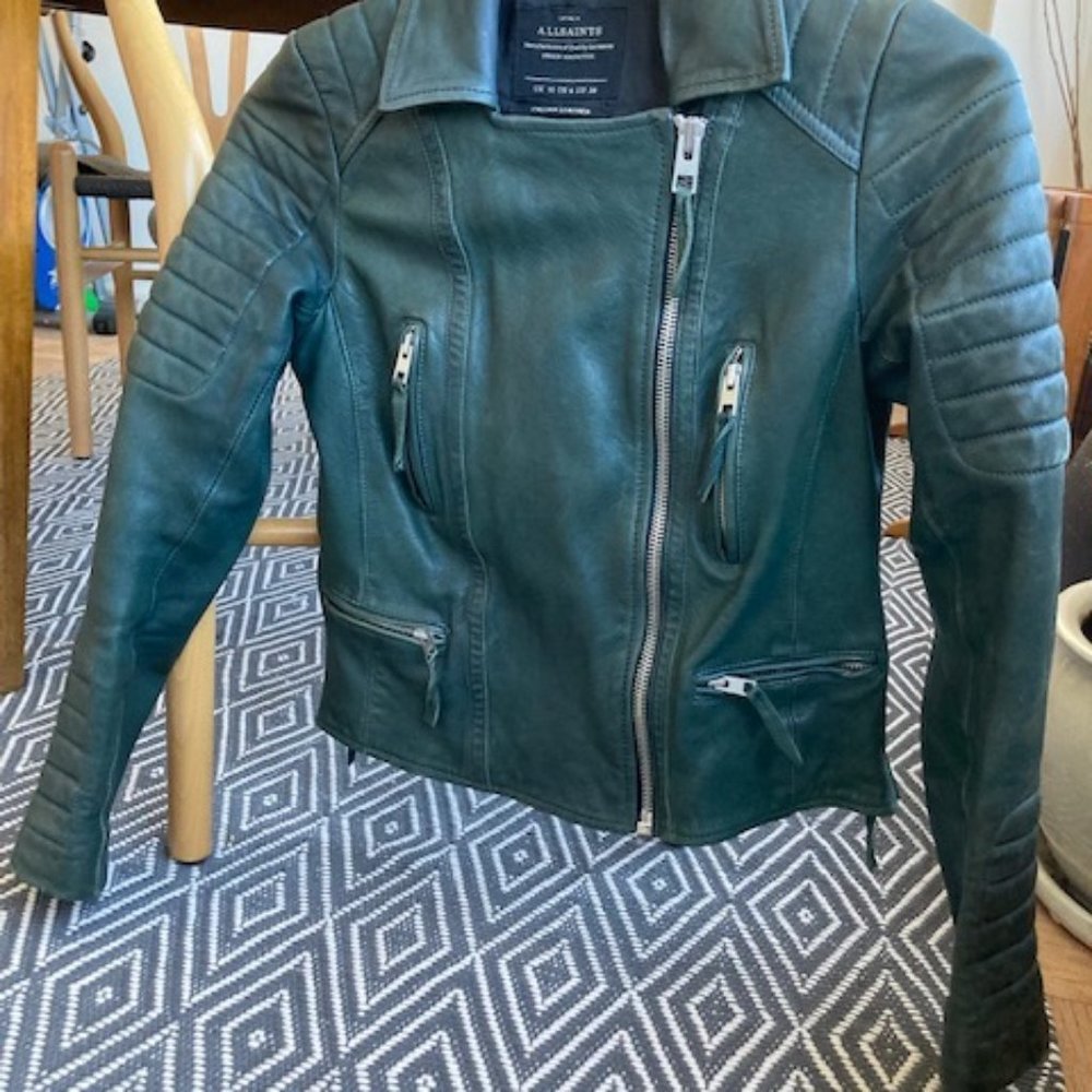 Rare All Saints forest green moto leather jacket